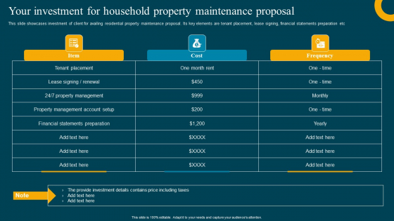 Your Investment For Household Property Maintenance Proposal Template PDF