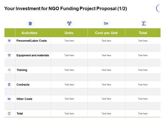 Your Investment For NGO Funding Project Proposal Costs Ppt PowerPoint 