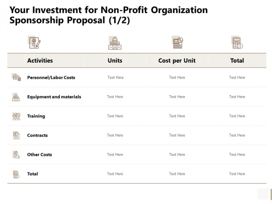 Your Investment For Non Profit Organization Sponsorship Proposal Costs Sample PDF Your Investment For Non Profit Organization Sponsorship Proposal Costs Sample PDF