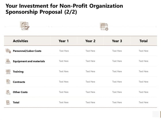 Your Investment For Non Profit Organization Sponsorship Proposal Labor Icons PDF Your Investment For Non Profit Organization Sponsorship Proposal Labor Icons PDF