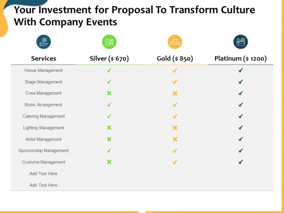 Your Investment For Proposal To Transform Culture With Company Events Ppt Pictures Slides PDF