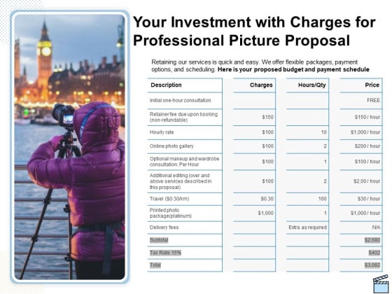 Your Investment With Charges For Professional Picture Proposal Ppt Infographics Slide PDF Your Investment With Charges For Professional Picture Proposal Ppt Infographics Slide PDF
