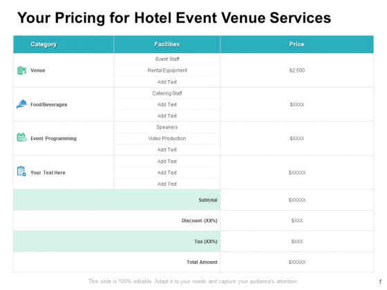 Your Pricing For Hotel Event Venue Services Ppt PowerPoint Presentation Inspiration Guidelines