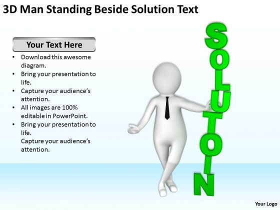 Young Business People 3d Man Standing Beside Solution Text PowerPoint Templates