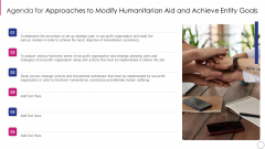 Agenda For Approaches To Modify Humanitarian Aid And Achieve Entity Goals Portrait PDF Agenda For Approaches To Modify Humanitarian Aid And Achieve Entity Goals Portrait PDF