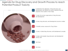 Agenda For Drug Discovery And Growth Process To Reach Potential Product Toxicity Icons PDF