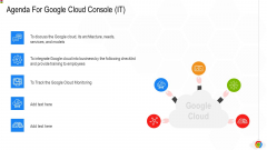 Agenda For Google Cloud Console IT Ppt Gallery Slide Portrait PDF Agenda For Google Cloud Console IT Ppt Gallery Slide Portrait PDF