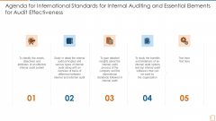 Agenda For International Standards For Internal Auditing And Essential Elements For Audit Effectiveness Ppt Deck PDF