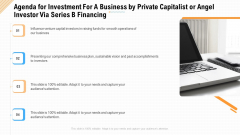 Agenda For Investment For A Business By Private Capitalist Or Angel Investor Via Series B Financing Clipart PDF Agenda For Investment For A Business By Private Capitalist Or Angel Investor Via Series B Financing Clipart PDF