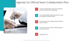 Agenda For Official Team Collaboration Plan Ppt Pictures Guidelines PDF