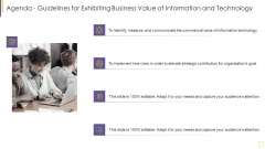 Agenda Guidelines For Exhibiting Business Value Of Information And Technology Diagrams PDF Agenda Guidelines For Exhibiting Business Value Of Information And Technology Diagrams PDF