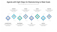 Agenda With Eight Steps For Brainstorming To Meet Goals Ppt File Icons PDF Agenda With Eight Steps For Brainstorming To Meet Goals Ppt File Icons PDF