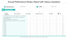 Annual Performance Review Report With Various Questions Ppt Show Clipart Images PDF