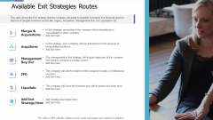 Available Exit Strategies Routes Investor Pitch Deck For PE Funding Rules PDF Available Exit Strategies Routes Investor Pitch Deck For PE Funding Rules PDF