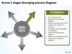 Arrow 5 Stages Diverging Process Diagram Circular Flow PowerPoint Slides
