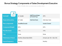 Bonus Strategy Components Of Sales Development Executive Ppt PowerPoint Presentation Styles Graphics Example PDF Bonus Strategy Components Of Sales Development Executive Ppt PowerPoint Presentation Styles Graphics Example PDF