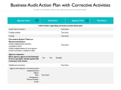 Business Audit Action Plan With Corrective Activities Ppt PowerPoint Presentation Show Example PDF