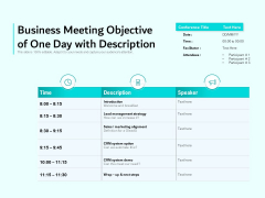 Business Meeting Objective Of One Day With Description Ppt PowerPoint Presentation Gallery Brochure PDF