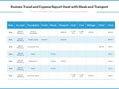 Business Travel And Expense Report Sheet With Meals And Transport Ppt PowerPoint Presentation File Brochure PDF