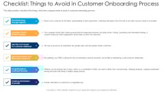 Checklist Things To Avoid In Customer Onboarding Process Ppt Summary Tips PDF Checklist Things To Avoid In Customer Onboarding Process Ppt Summary Tips PDF