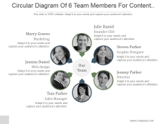 Circular Diagram Of 6 Team Members For Content Marketing Ppt PowerPoint Presentation Designs Download