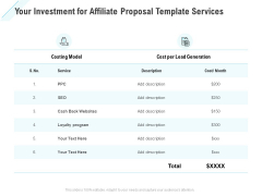 Commission Based Marketing Your Investment For Affiliate Proposal Template Services Ppt Layouts Maker PDF Commission Based Marketing Your Investment For Affiliate Proposal Template Services Ppt Layouts Maker PDF