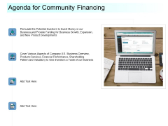 Community Capitalization Pitch Deck Agenda For Community Financing Introduction PDF Community Capitalization Pitch Deck Agenda For Community Financing Introduction PDF