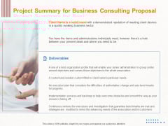 Corporate Consulting Project Summary For Business Consulting Proposal Ppt Outline Objects PDF Corporate Consulting Project Summary For Business Consulting Proposal Ppt Outline Objects PDF