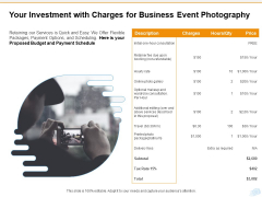 Corporate Occasion Videography Proposal Your Investment With Charges For Business Event Photography Rules PDF