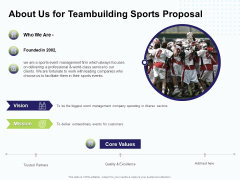 Corporate Sports Team Engagement About Us For Teambuilding Sports Proposal  Graphics PDF