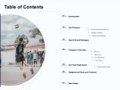 Corporate Sports Team Engagement Table Of Contents Information PDF