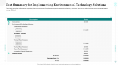 Cost Summary For Implementing Environmental Technology Solutions Background PDF