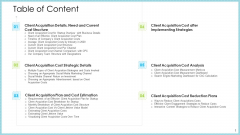 Customer Acquiring Price For Retaining New Clients Table Of Content Infographics PDF Customer Acquiring Price For Retaining New Clients Table Of Content Infographics PDF