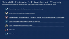 Data Warehousing IT Checklist To Implement Data Warehouse In Company Ppt Inspiration Example PDF
