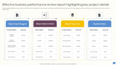 Effective Business Performance Review Report Highlighting Key Project Details Elements PDF