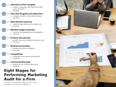 Eight Stages For Performing Marketing Audit For A Firm Ppt PowerPoint Presentation File Inspiration PDF Eight Stages For Performing Marketing Audit For A Firm Ppt PowerPoint Presentation File Inspiration PDF
