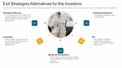 Exit Strategies Alternatives For The Investors Ppt Outline Diagrams PDF Exit Strategies Alternatives For The Investors Ppt Outline Diagrams PDF