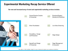 Experimental Marketing Recap Service Offered Ppt Infographic Template Influencers PDF Experimental Marketing Recap Service Offered Ppt Infographic Template Influencers PDF