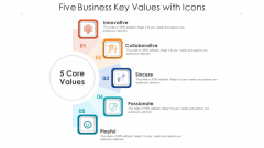 Five Business Key Values With Icons Ppt PowerPoint Presentation File Objects PDF