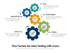 Five Factors For Idea Testing With Icons Ppt PowerPoint Presentation Infographics Gridlines PDF Five Factors For Idea Testing With Icons Ppt PowerPoint Presentation Infographics Gridlines PDF