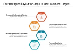 Four Hexagons Layout For Steps To Meet Business Targets Ppt PowerPoint Presentation Gallery Example File PDF Four Hexagons Layout For Steps To Meet Business Targets Ppt PowerPoint Presentation Gallery Example File PDF