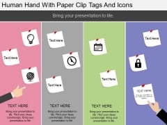 Human Hand With Paper Clip Tags And Icons Powerpoint Template
