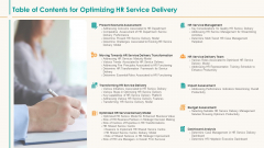 Human Resource Service Shipment Table Of Contents For Optimizing HR Service Delivery Inspiration PDF
