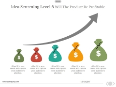 Idea Screening Level 6 Will The Product Be Profitable Ppt PowerPoint Presentation Ideas Idea Screening Level 6 Will The Product Be Profitable Ppt PowerPoint Presentation Ideas