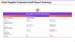 Initial Supplier Evaluation Audit Report Summary Download PDF Initial Supplier Evaluation Audit Report Summary Download PDF