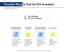 Investor Pitch Deck Initial Coin Offering Financing Possible Ways To Exit For Ico Investors Demonstration PDF Investor Pitch Deck Initial Coin Offering Financing Possible Ways To Exit For Ico Investors Demonstration PDF