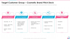 Investor Pitch Presentation For Beauty Product Brands Target Customer Group Cosmetic Brand Pitch Deck Icons PDF Investor Pitch Presentation For Beauty Product Brands Target Customer Group Cosmetic Brand Pitch Deck Icons PDF