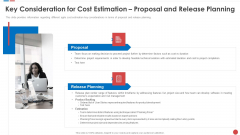 Key Consideration For Cost Estimation Proposal And Release Planning Budgeting For Software Project IT Portrait PDF