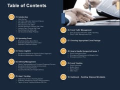 Logistics Events Table Of Contents Ppt Slides Background Image PDF Logistics Events Table Of Contents Ppt Slides Background Image PDF