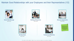 Maintain Good Relationships With Your Employees And Their Representatives Icon Demonstration PDF Maintain Good Relationships With Your Employees And Their Representatives Icon Demonstration PDF